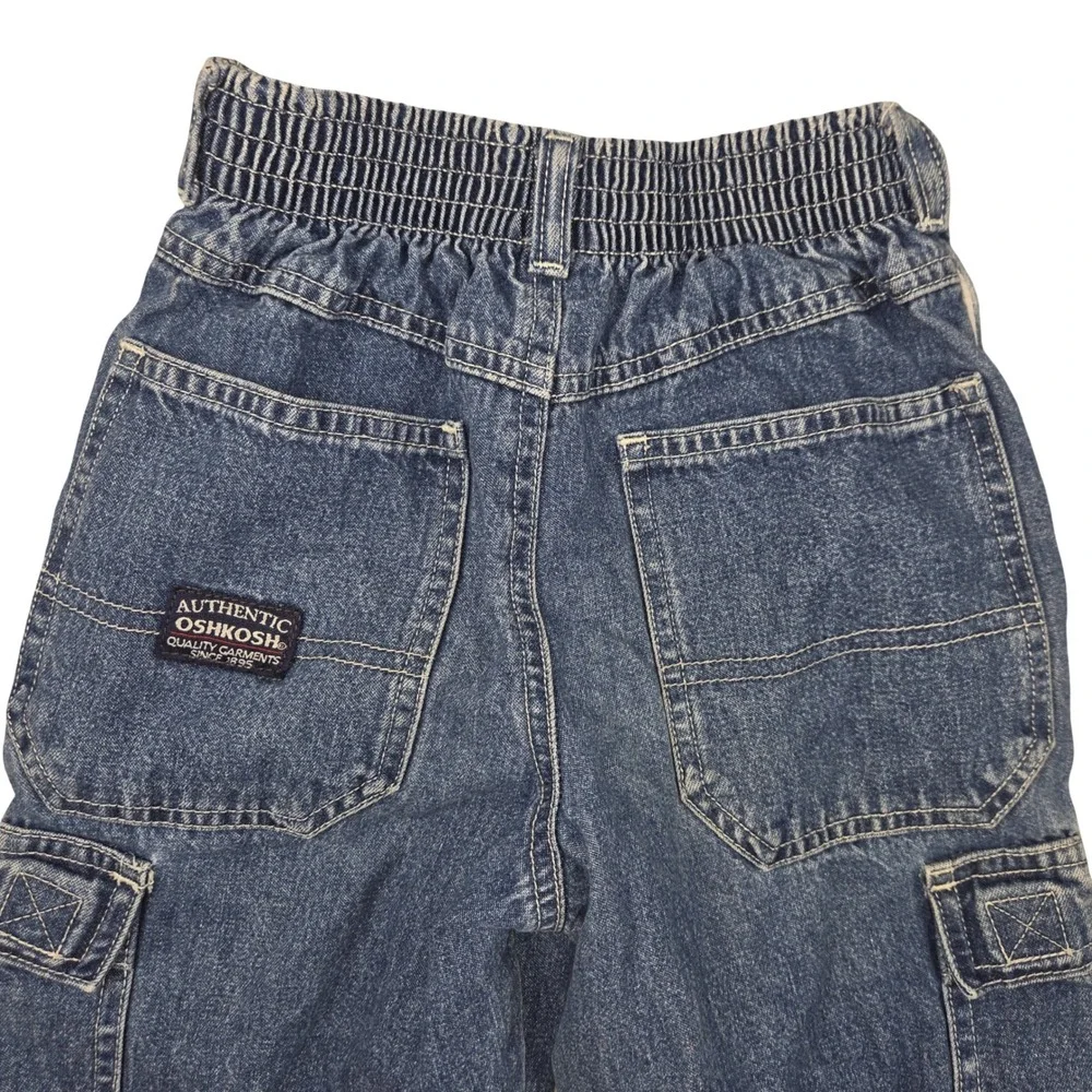 Vintage OshKosh Bgosh Boys Blue Denim Cargo Jeans Size 6 90s Side Stripe Pockets
